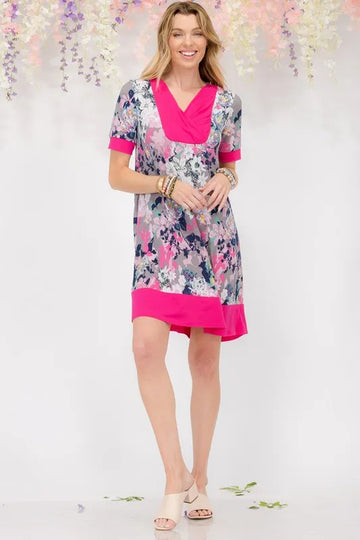 Celeste Full Size Floral Surplice Short Sleeve Dress with Pockets Plus Size
