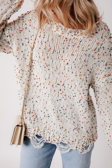 Confetti Distressed Hem Long Sleeve Sweater