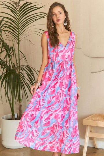 Robe longue à col en V et imprimé floral abstrait ADORA