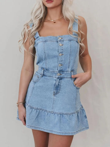 Ruffled Hem Square Neck Denim Dress