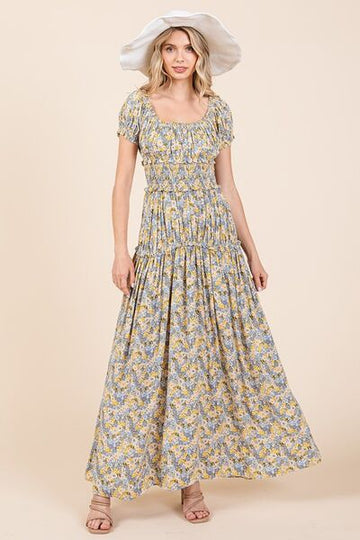 Robe longue froncée à manches bouffantes et imprimé floral Mittoshop