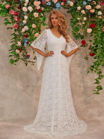 Robe longue en dentelle à col en V