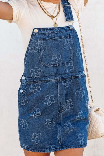 Flower Print Square Neck Denim Overall Dress