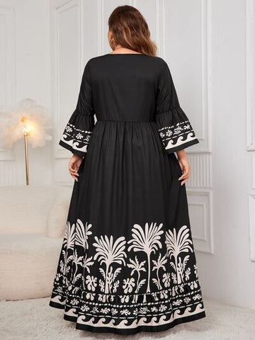 Robe longue imprimée grande taille Honey à col en V et manches longues