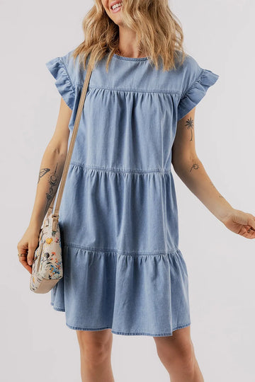 Ruffle Cap Sleeve Tiered A-line Denim Dress