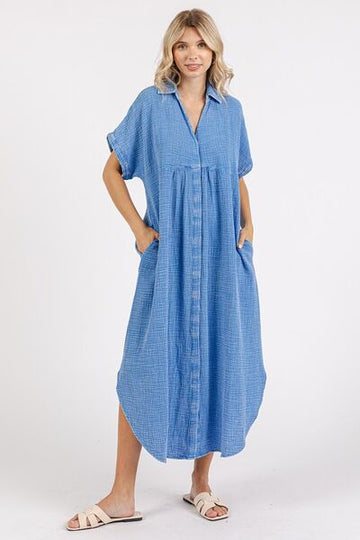 Robe chemise mi-longue boutonnée à col en V et délavée minérale Mittoshop