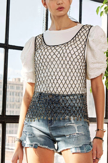 ADORA Beads Accent Fishnet Tank Top