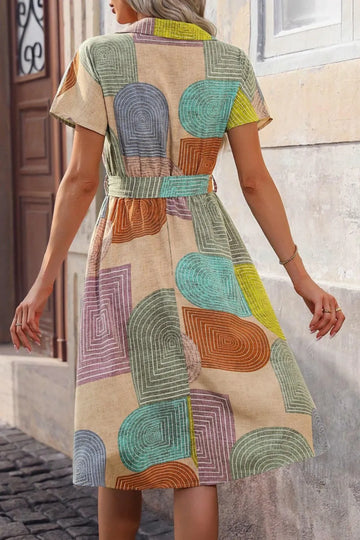 Printed Collared Neck Tie Waist Dress