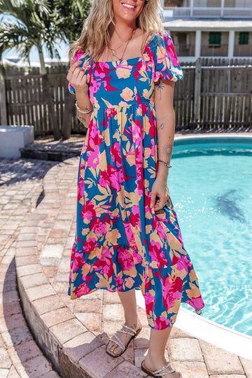 Printed Square Neck Short Sleeve Midi Dress
