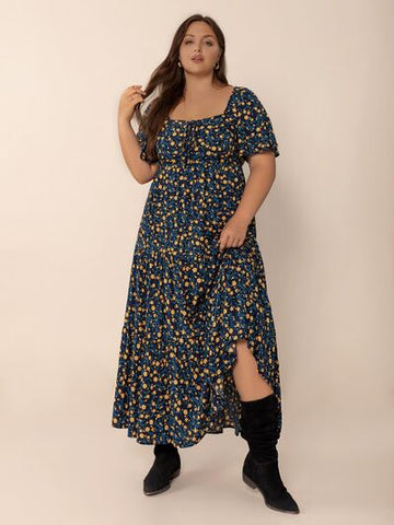 Robe longue fendue à manches courtes et imprimé grande taille