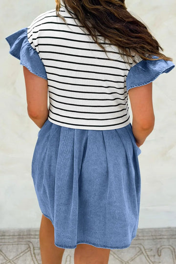Stripe Ruffle Denim Patchwork Round Neck Mini Dress