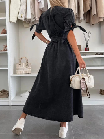 Button Front V-Neck Half Sleeve Denim Dress