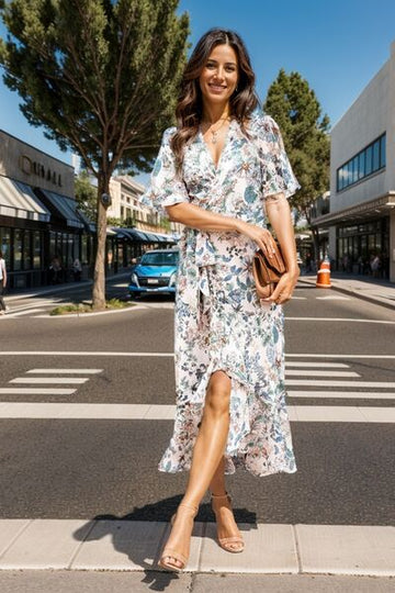 Robe mi-longue à imprimé asymétrique et manches volantées