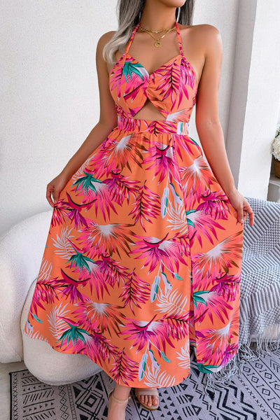 Botanical Print Tied Backless Cutout Slit Dress