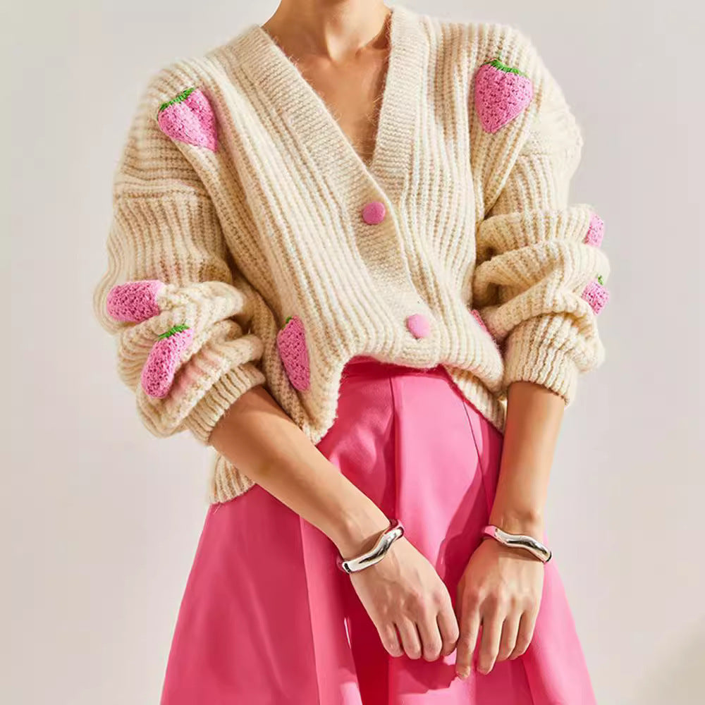 Sweet V-neck Beige Cardigan Sweater