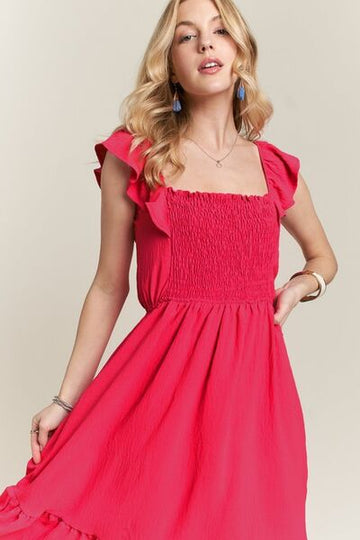 Robe ADORA à manches courtes et volants, col carré et smocks