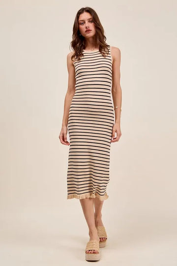SO ME Stripe Sleeveless Sweater Knit Maxi Dress With Ruffled Hem