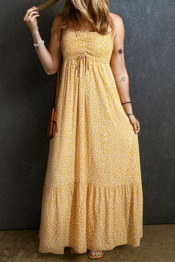 Robe longue caraco imprimée à smocks et col carré