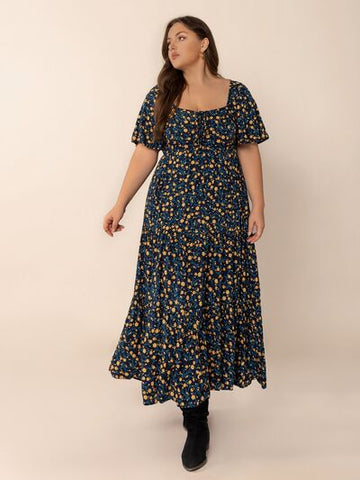 Robe longue fendue à manches courtes et imprimé grande taille