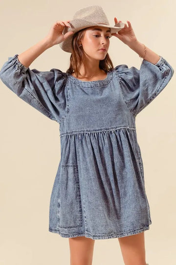 SO ME Washed and Distressed Mini Denim Dress