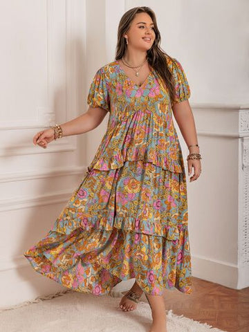 Robe longue imprimée grande taille à col en V et manches courtes