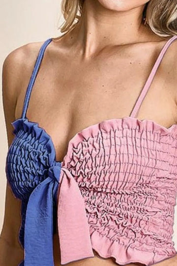 BiBi Woven Color Block Smocked with Ribbon Bra Top