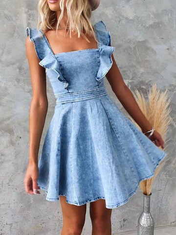 Ruffled Square Neck Denim Mini Dress