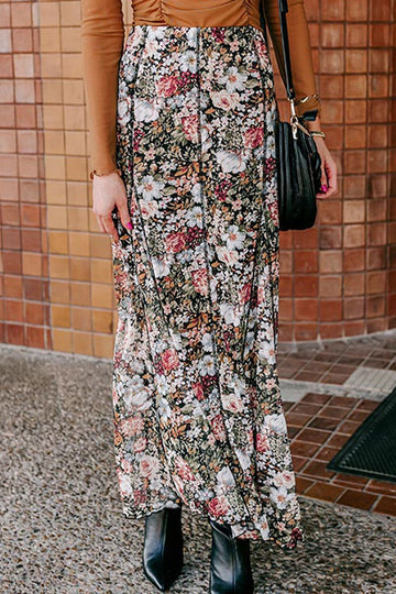 Jupe longue à taille élastique et à fleurs