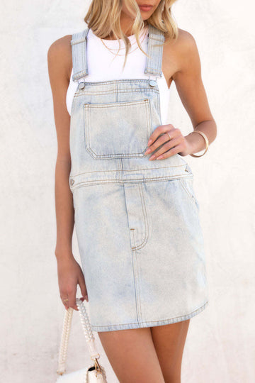 Square Neck Adjustable Strap Denim Overall Dress