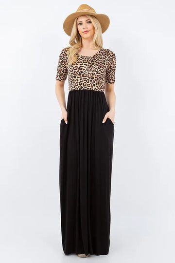 Celeste Full Size Leopard Round Neck Maxi Dress with Pockets Plus Size