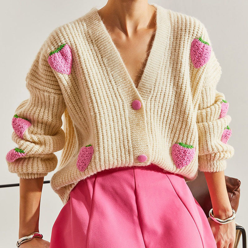 Sweet V-neck Beige Cardigan Sweater