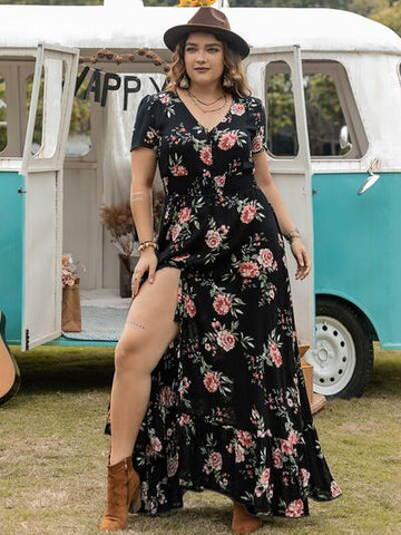 Robe longue imprimée à manches courtes et col en V, grande taille