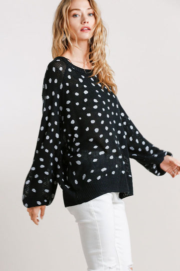 Umgee Full Size Dalmatian Hand Stamped Round Neck Sweater Plus Size