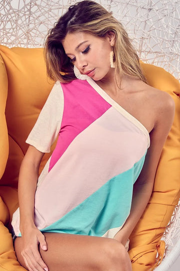 BiBi Cotton Color Block One Shoulder Top