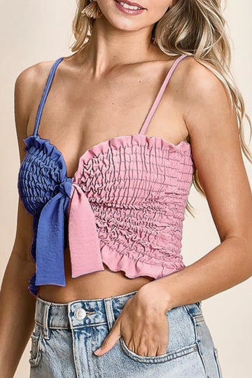 BiBi Woven Color Block Smocked with Ribbon Bra Top