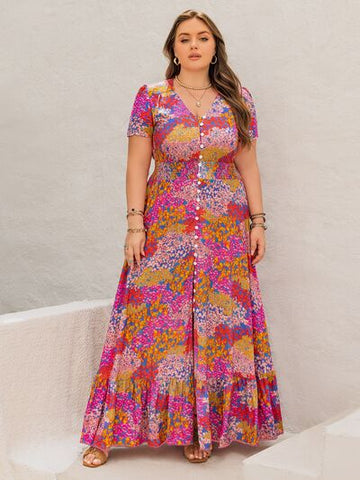 Robe longue boutonnée à manches courtes et imprimé grande taille