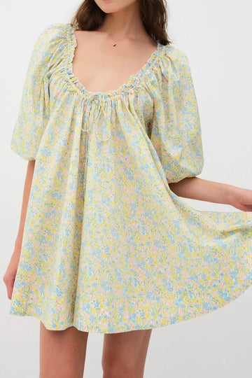 Floral Half Sleeve Frilled U Neck A-line Short Dress