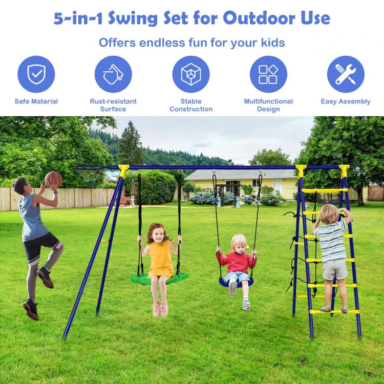 Ultimate 5-In-1 Outdoor Kids Swing Set with Sturdy A-Frame Metal Construction and Secure Ground Stakes - Image 2