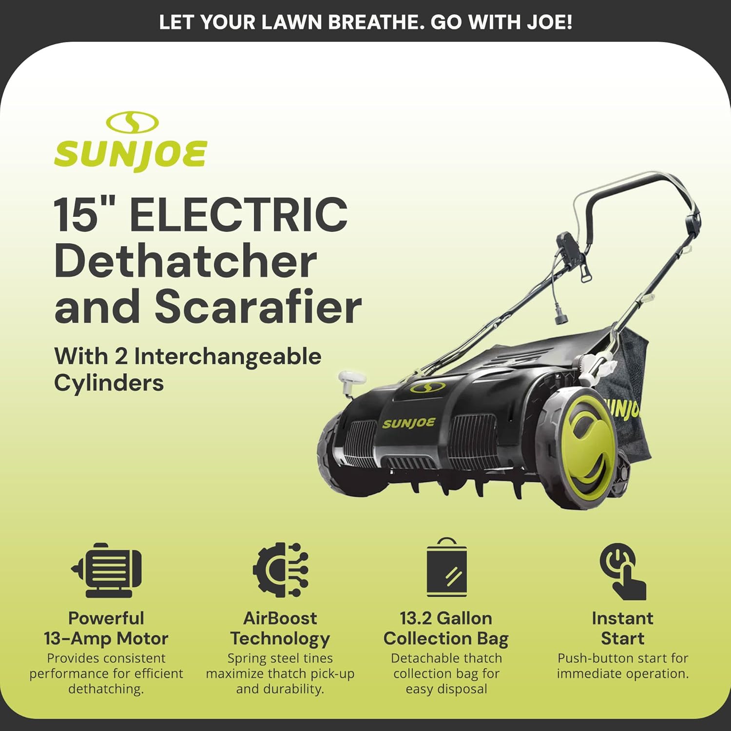 Sun Joe AJ805E 13A Electric Dethatcher & Scarifier, 15 in. - Image 2