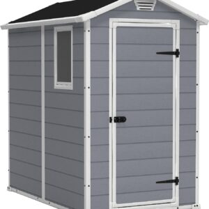 Keter Manor 4x6 Resin Outdoor Storage Shed Kit-Perfect to Store Patio Furniture, Garden Tools Bike Accessories, Beach Chairs and Lawn Mower, Grey & White