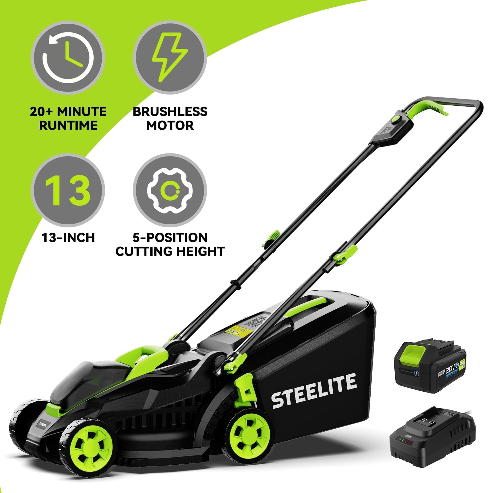 Steelite 13" 21V Cordless Brushless Lawn Mower with 4.0Ah Battery & Charger