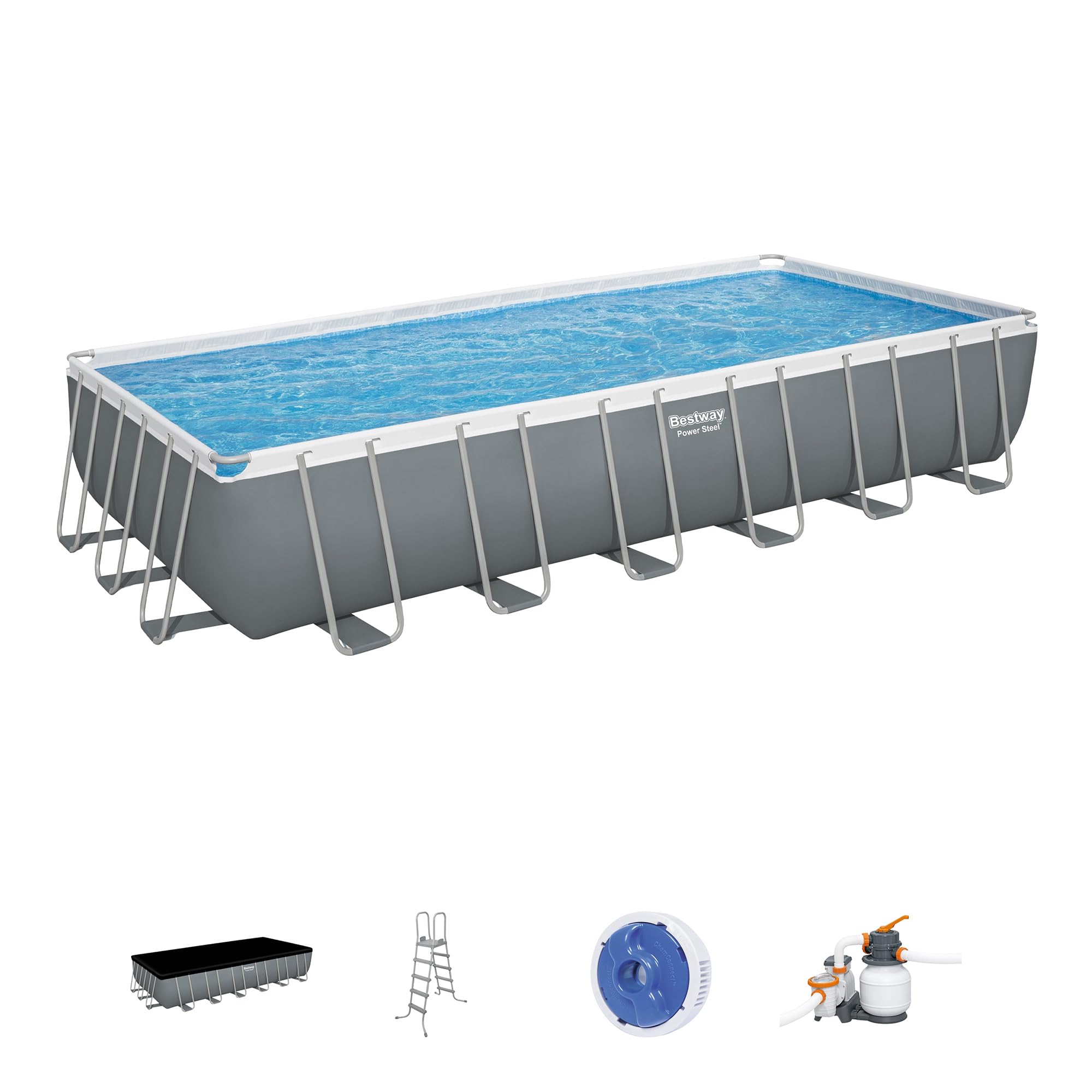 Bestway Power Steel 24′ x 12′ x 52″ Rectangular Metal Frame Above Ground Swimming Pool Set with 1500 GPH Sand Filter Pump, Ladder, and Pool Cover