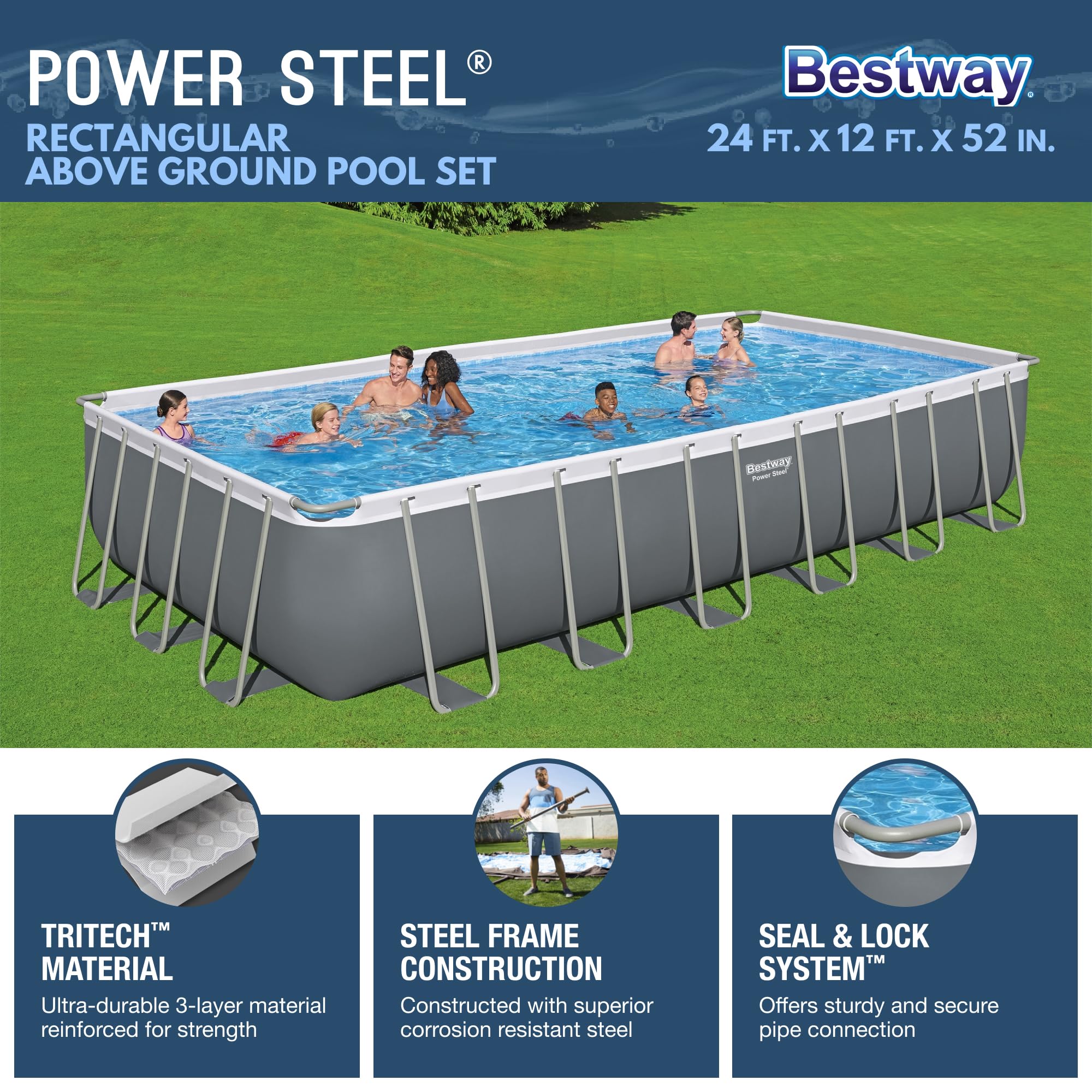 Bestway Power Steel 24′ x 12′ x 52″ Rectangular Metal Frame Above Ground Swimming Pool Set with 1500 GPH Sand Filter Pump, Ladder, and Pool Cover - Image 9
