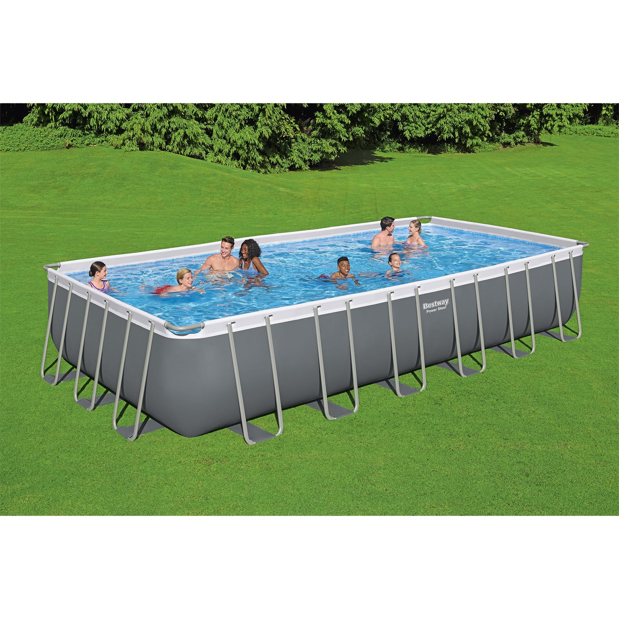 Bestway Power Steel 24′ x 12′ x 52″ Rectangular Metal Frame Above Ground Swimming Pool Set with 1500 GPH Sand Filter Pump, Ladder, and Pool Cover - Image 8